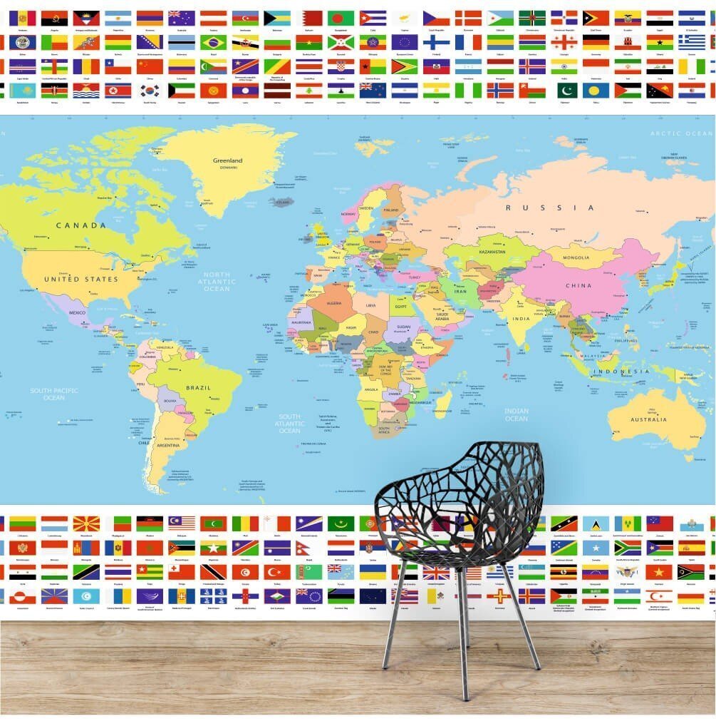 Fototapetes Pasaules karte ar karodziņiem цена и информация | Fototapetes | 220.lv