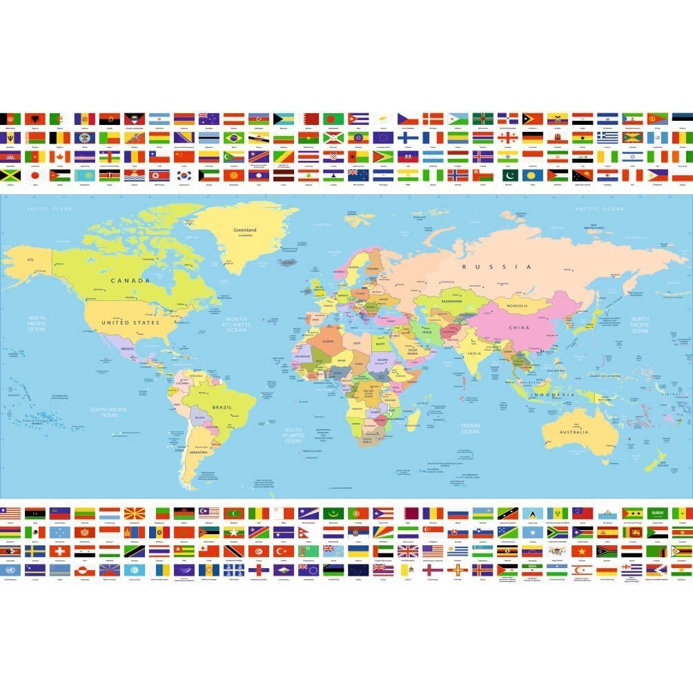 Fototapetes Pasaules karte ar karodziņiem cena un informācija | Fototapetes | 220.lv