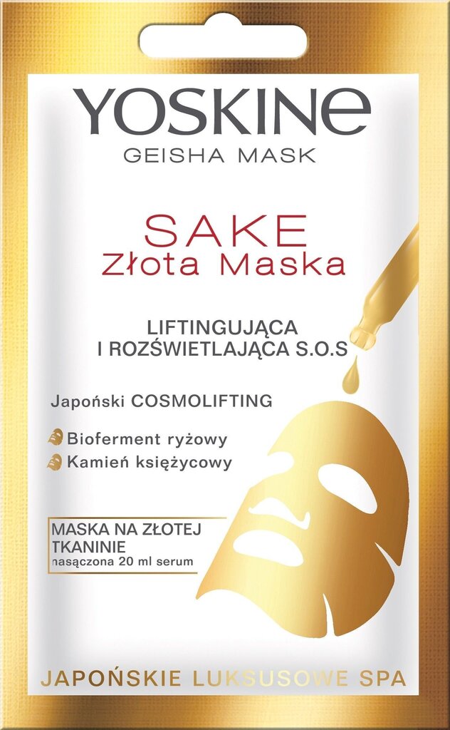 Liftinga un balinoša loksnes sejas maska ar zeltu Yoskine Geisha Sake S.O.S 20 ml cena un informācija | Sejas maskas, acu maskas | 220.lv