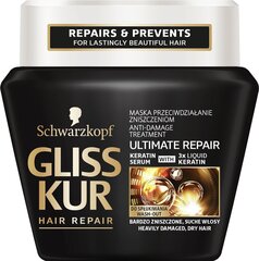 Защищающая от повреждений маска для волос Schwarzkopf GLISS KUR Ultimate Repair 300 ml цена и информация | Распылите крем-спрей на волосы на расстоянии 20-25 см, расчешите их расческой. | 220.lv