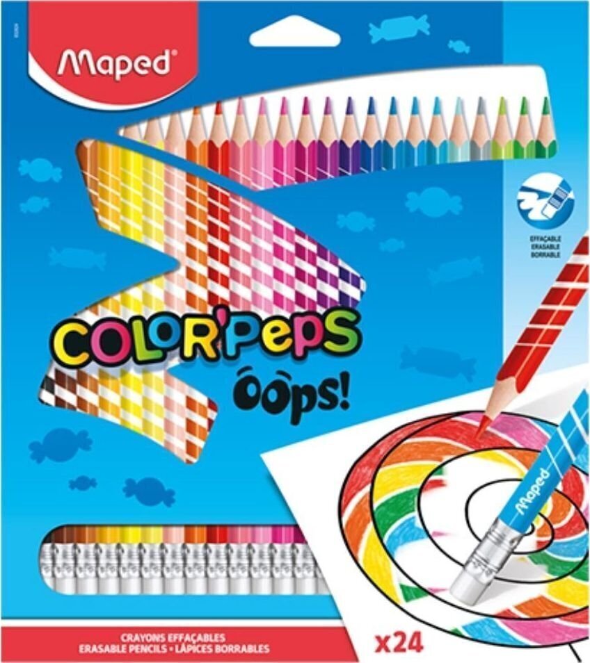 Zīmuļkrāsas MAPED ar dzēšgumiju "Color`Peps Oops", 24 krāsas cena un informācija | Modelēšanas un zīmēšanas piederumi | 220.lv