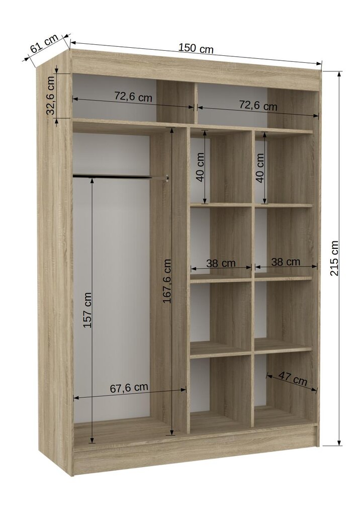Skapis Adrk Furniture Toura 150 cm, brūns/ozola krāsas cena un informācija | Skapji | 220.lv