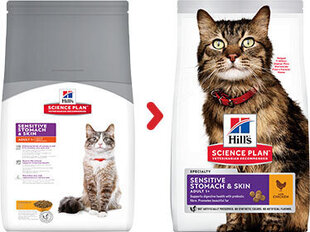Hill's Science Plan Sensitive Stomach & Skin Adult kaķu barība ar vistu, 0.3 kg cena un informācija | Sausā barība kaķiem | 220.lv