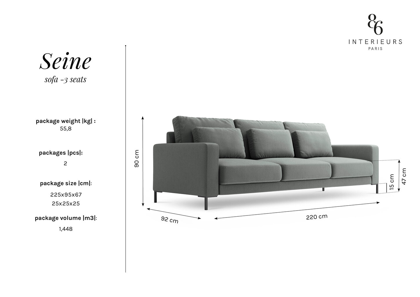 Trīsvietīgs dīvāns Interieurs86 Seine, smilšu krāsas цена и информация | Dīvāni | 220.lv