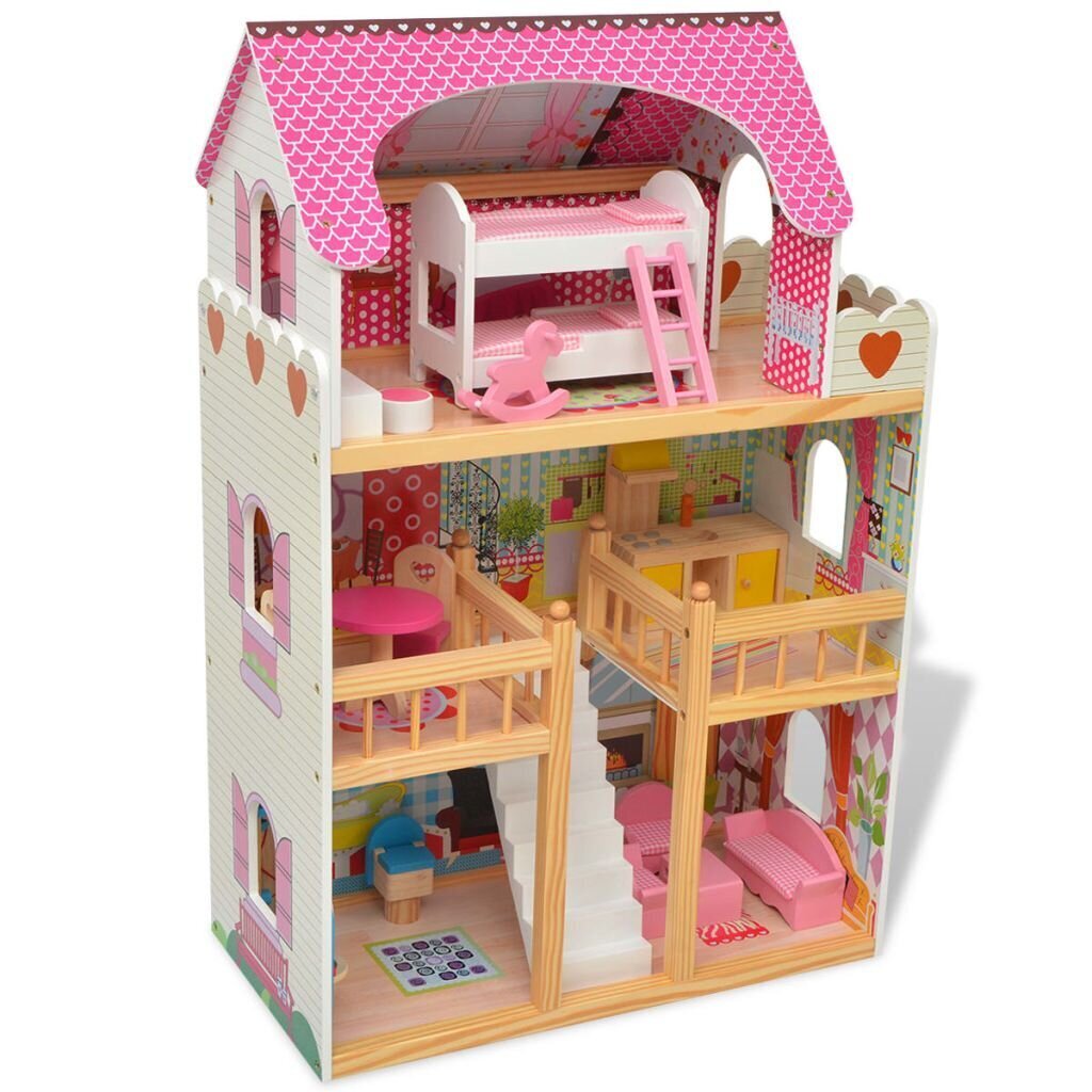 Leļļu māja, 3 stāvi, koka, 60x30x90 cm цена и информация | Rotaļlietas meitenēm | 220.lv