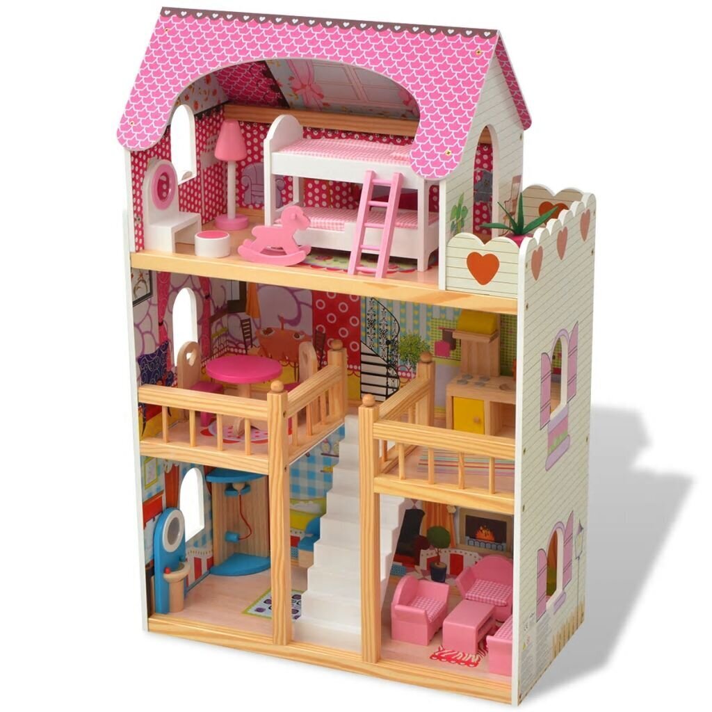 Leļļu māja, 3 stāvi, koka, 60x30x90 cm cena un informācija | Rotaļlietas meitenēm | 220.lv