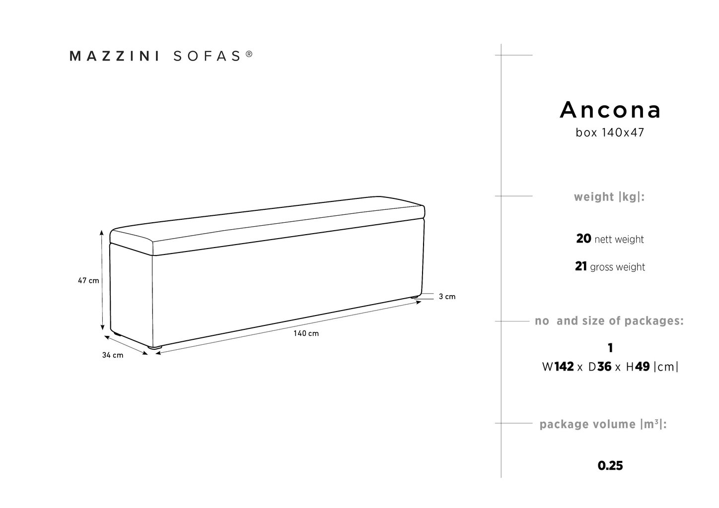 Pufs ar uzglabāšanas kasti Mazzini Sofas Ancona 140, melns cena un informācija | Sēžammaisi, pufi | 220.lv