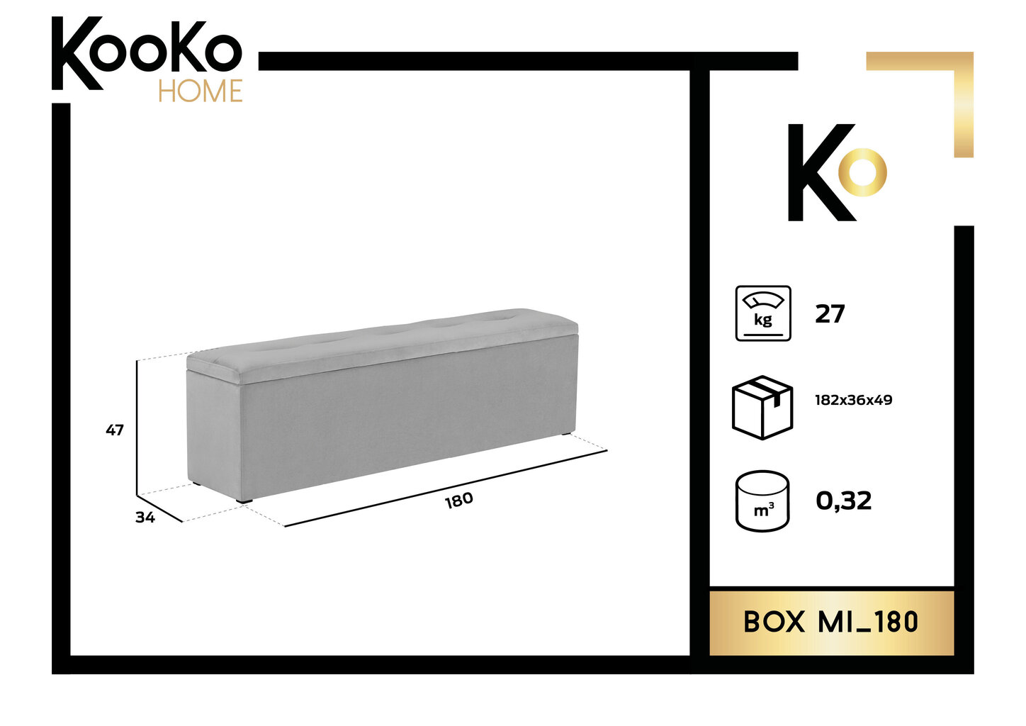 Pufs ar uzglabāšanas kasti Kooko Home Mi 180, pelēks cena un informācija | Sēžammaisi, pufi | 220.lv