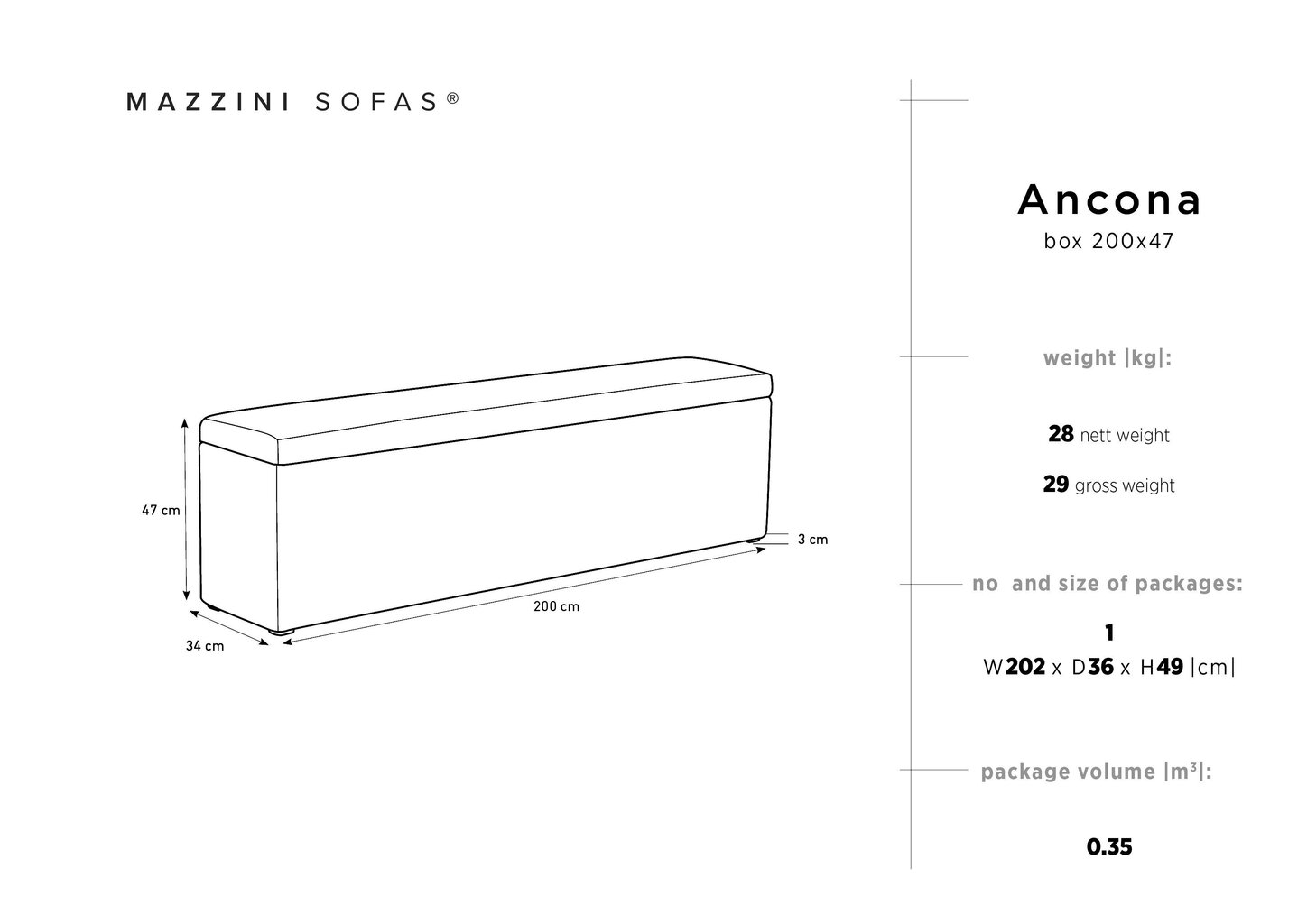 Pufs ar uzglabāšanas nodalījumu Mazzini Sofas Ancona 200, pelēks cena un informācija | Sēžammaisi, pufi | 220.lv