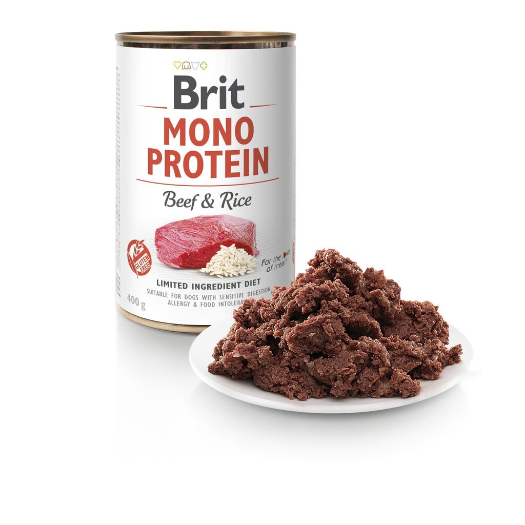 BRIT CARE konservi Mono protein ar liellopa gaļu un rīsiem, 400g cena un informācija | Konservi suņiem | 220.lv