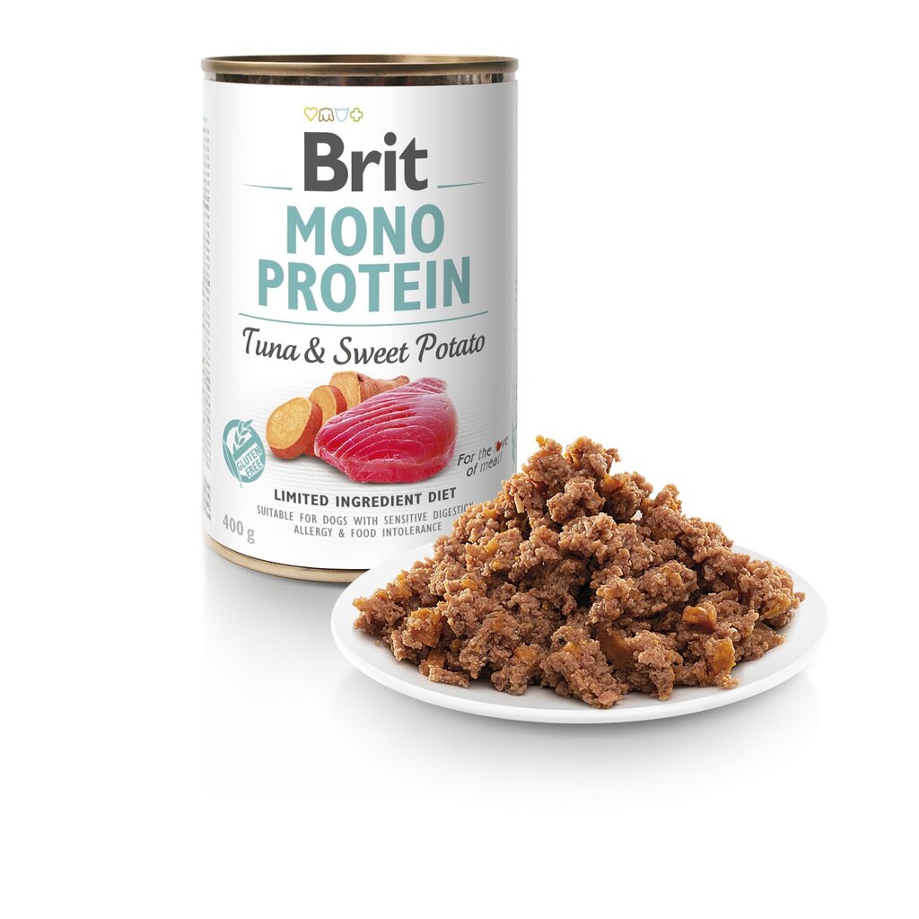 BRIT CARE konservi Mono protein ar tunci un saldo kartupeli, 400g cena un informācija | Konservi suņiem | 220.lv