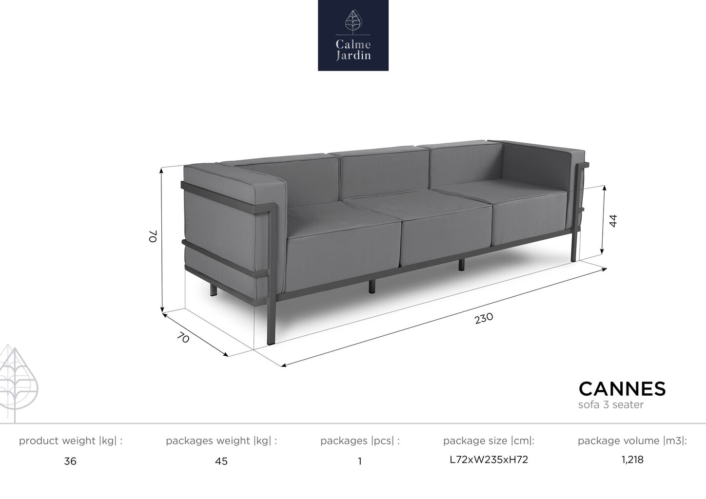 Trīsvietīgs āra dīvāns Calme Jardin Cannes, tumši pelēks/gaiši pelēks cena un informācija | Dārza krēsli | 220.lv