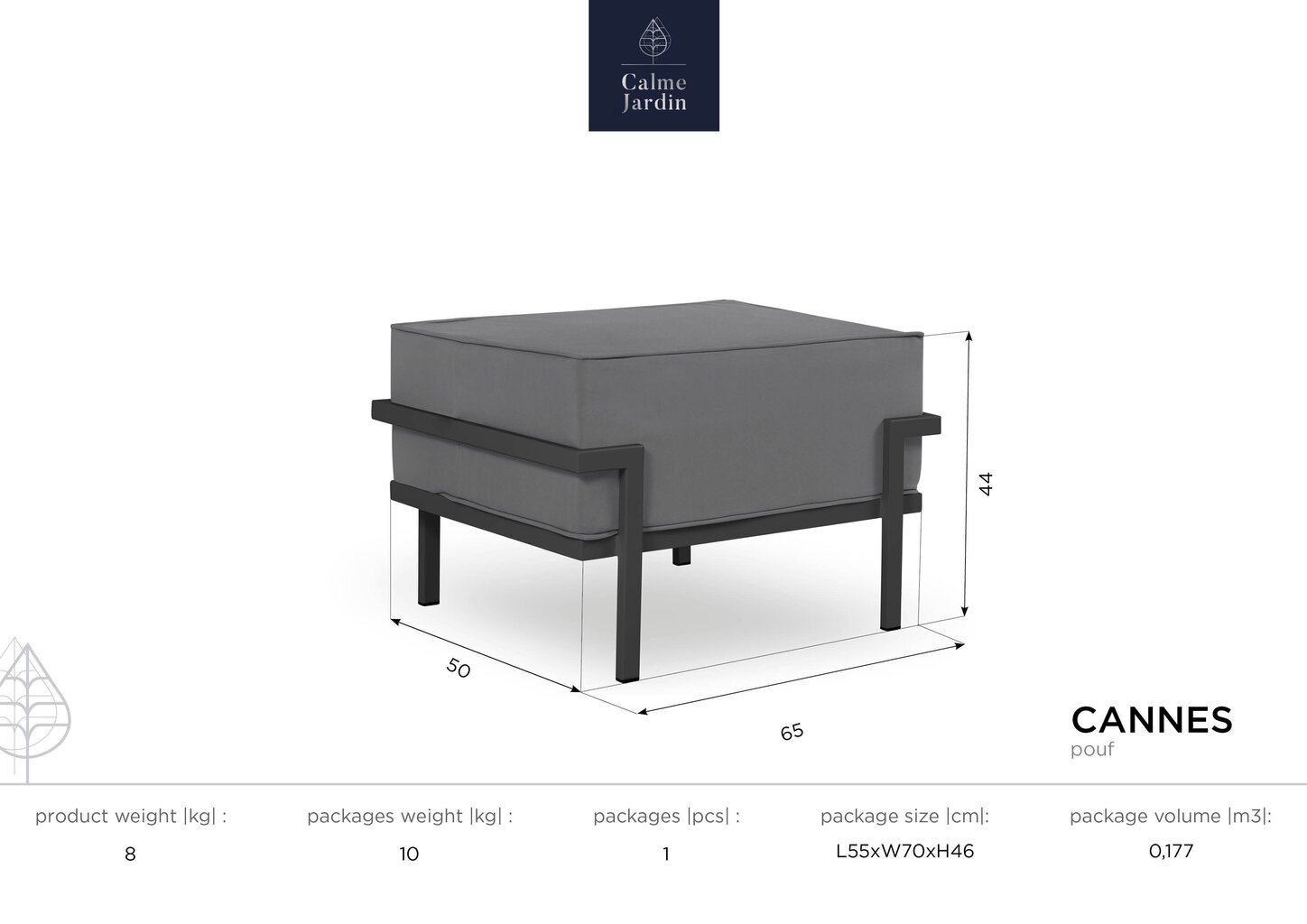 Āra pufs Calme Jardin Cannes, tumši pelēks цена и информация | Dārza krēsli | 220.lv