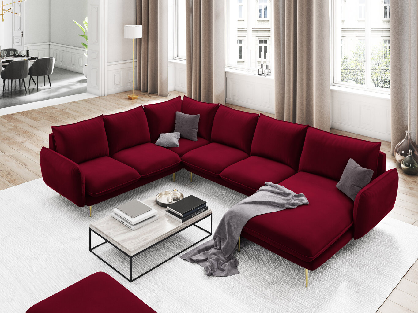 Stūra dīvāns Cosmopolitan Design Panoramic Vienna, sarkanas/zelta krāsas cena un informācija | Stūra dīvāni | 220.lv