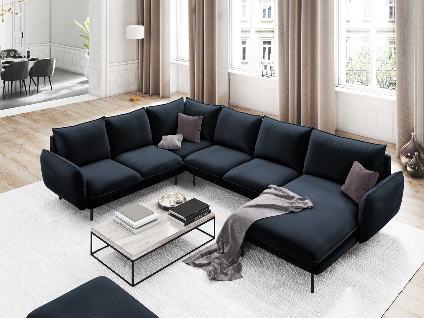 Stūra dīvāns Cosmopolitan Design Panoramic Vienna, tumši zils/melns cena un informācija | Stūra dīvāni | 220.lv