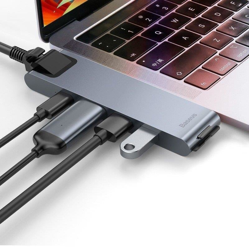 Baseus CAHUB-L0G 7 in 1 dokstacija priekš MacBook / HDMI / 2 x USB 3.0 / USB-C / rj45 / SD / Micro SD Thunderbolt C+ цена и информация | Adapteri un USB centrmezgli | 220.lv