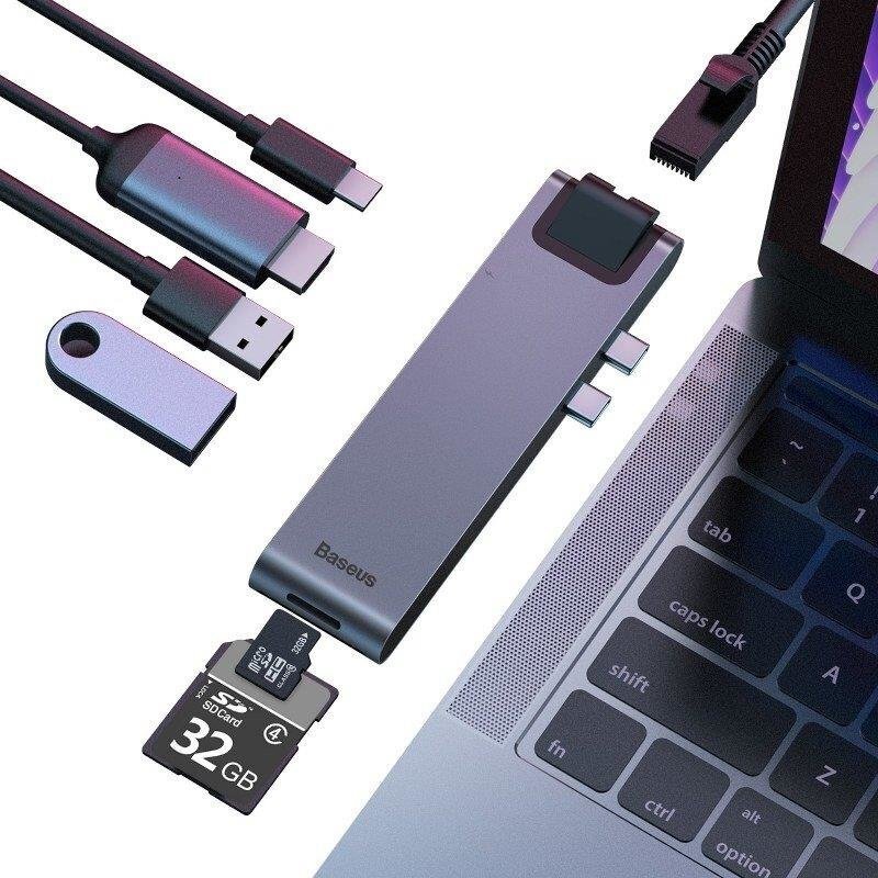 Baseus CAHUB-L0G 7 in 1 dokstacija priekš MacBook / HDMI / 2 x USB 3.0 / USB-C / rj45 / SD / Micro SD Thunderbolt C+ cena un informācija | Adapteri un USB centrmezgli | 220.lv