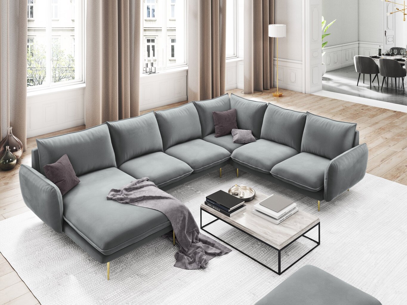 Stūra dīvāns Cosmopolitan Design Panoramic Vienna, gaiši pelēkas/zelta krāsas cena un informācija | Stūra dīvāni | 220.lv