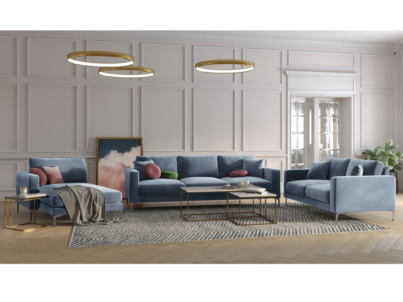 Trīsvietīgs samta dīvāns Kooko Home Lyrique, gaiši zils цена и информация | Dīvāni | 220.lv