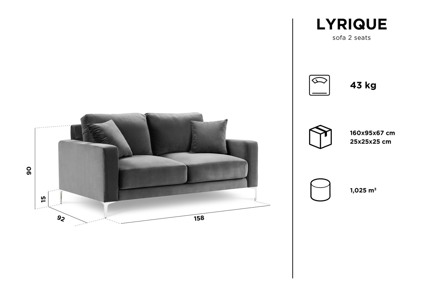 Divvietīgs samta dīvāns Kooko Home Lyrique, pelēks cena un informācija | Dīvāni | 220.lv