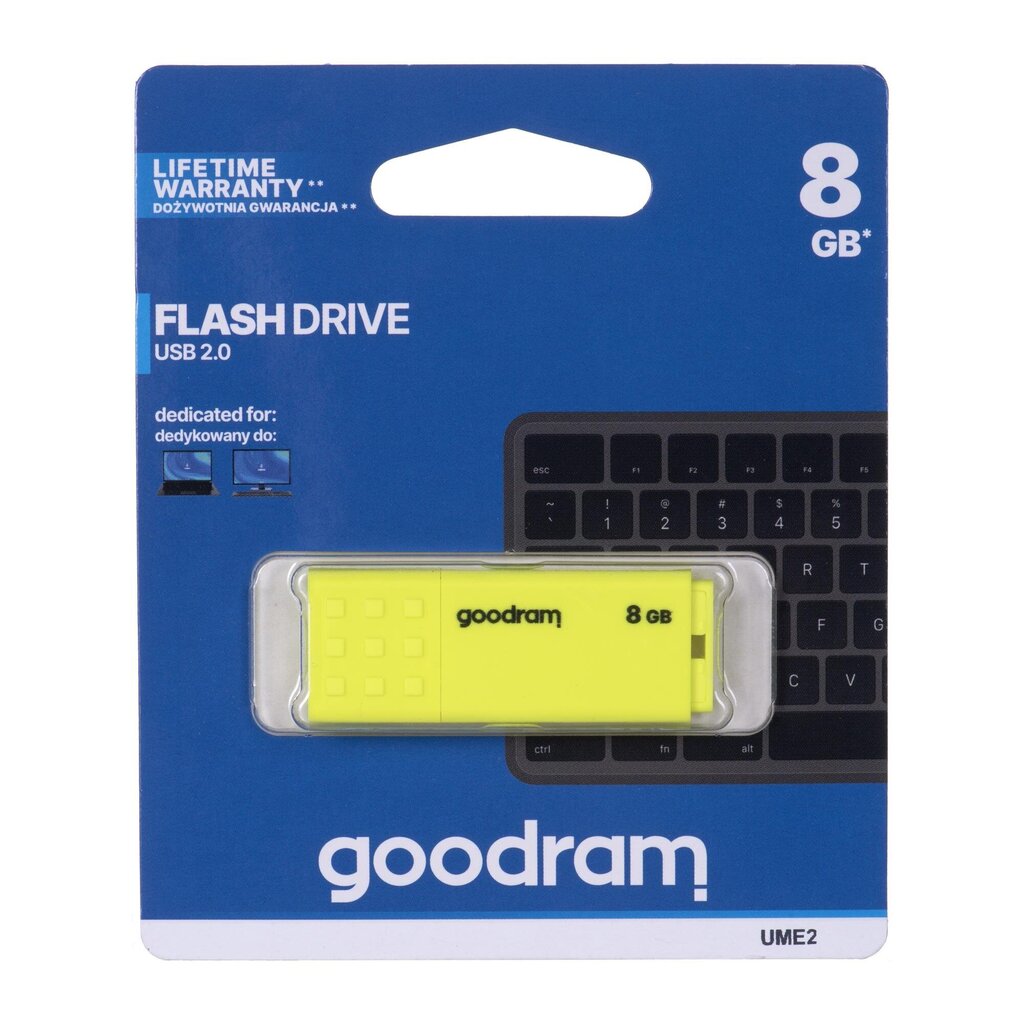 GOODRAM FLASHDRIVE 8GB UME2 USB 2.0 YELLOW cena un informācija | USB Atmiņas kartes | 220.lv