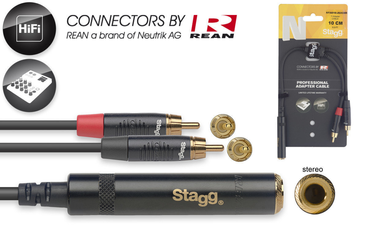 Stagg REAN 6.3mm TRS/f - 2 x RCA 10cm cena un informācija | Kabeļi un vadi | 220.lv