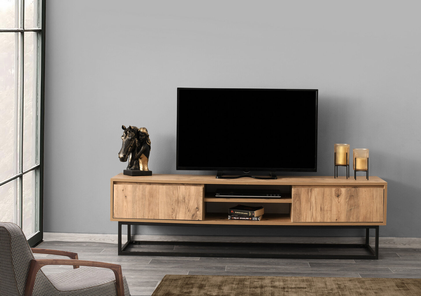 TV galdiņš Kalune Design Belinda 180 cm, melns/brūns cena un informācija | TV galdiņi | 220.lv