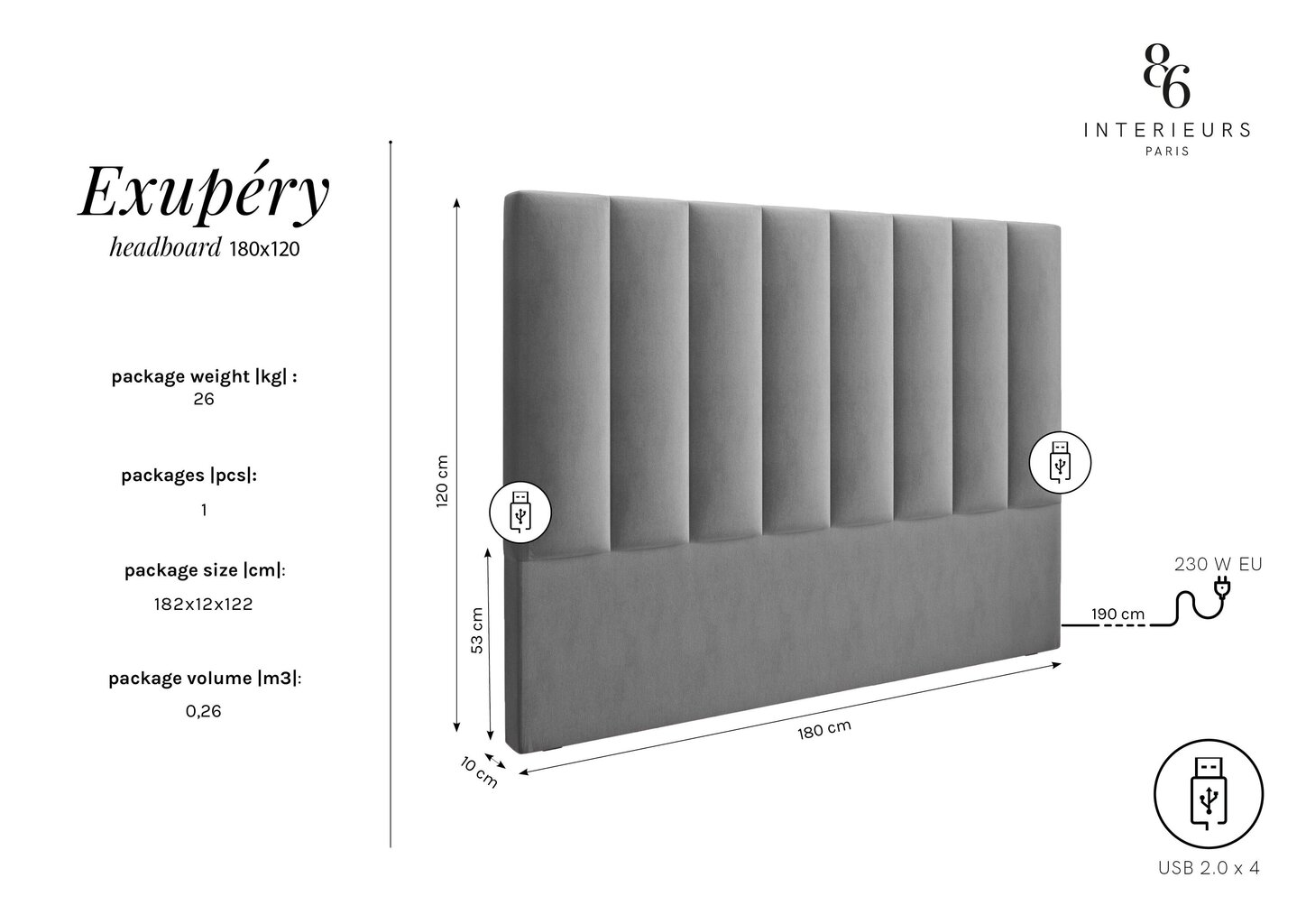 Gultas galvgalis Interieurs86 Exupery 180 cm, zils cena un informācija | Gultas | 220.lv