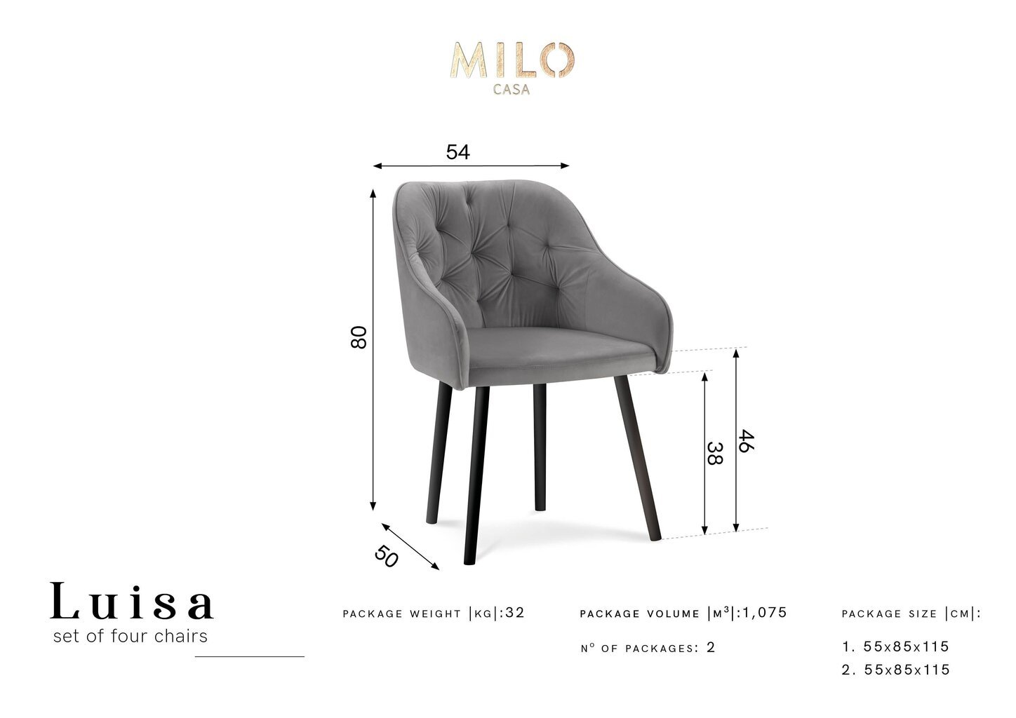 4-u krēslu komplekts Milo Casa Luisa, gaiši pelēks cena un informācija | Virtuves un ēdamistabas krēsli | 220.lv