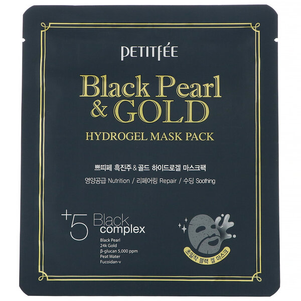 Loksnes sejas maska ar melnām pērlēm un zeltu Petitfee Gold Hydrogel 1 gab.