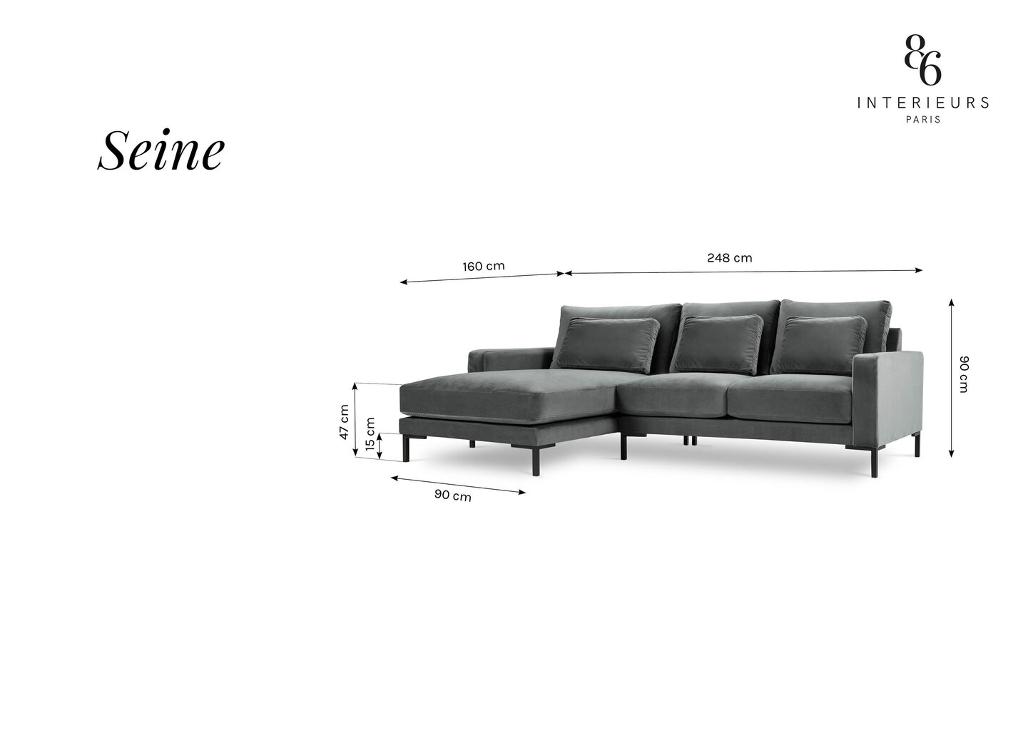Stūra dīvāns Interieurs86 Seine, gaiši pelēks/melns cena un informācija | Stūra dīvāni | 220.lv