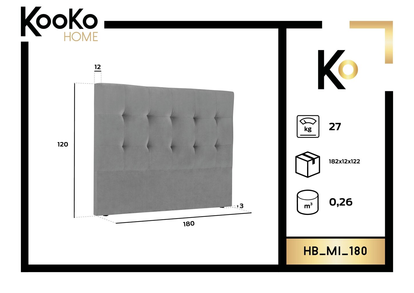 Gultas galvgalis Kooko Home Mi 180 cm, gaiši pelēks цена и информация | Gultas | 220.lv