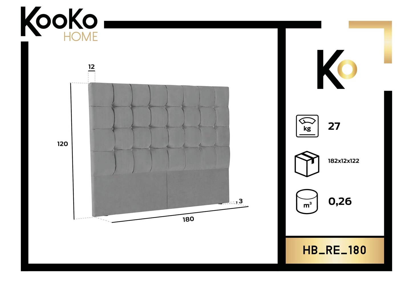 Gultas galvgalis Kooko Home Re 180 cm, tumši pelēks cena un informācija | Gultas | 220.lv