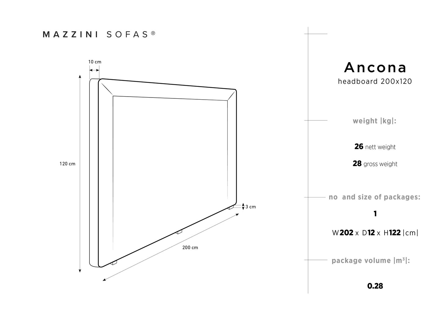 Gultas galvgalis Mazzini Sofas Ancona 200 cm, tumši pelēks cena un informācija | Gultas | 220.lv