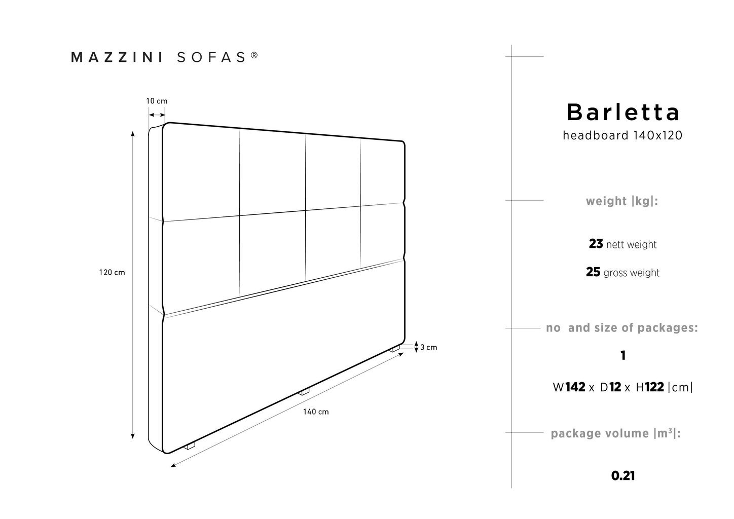 Gultas galvgalis Mazzini Sofas Barletta 140 cm, melns цена и информация | Gultas | 220.lv