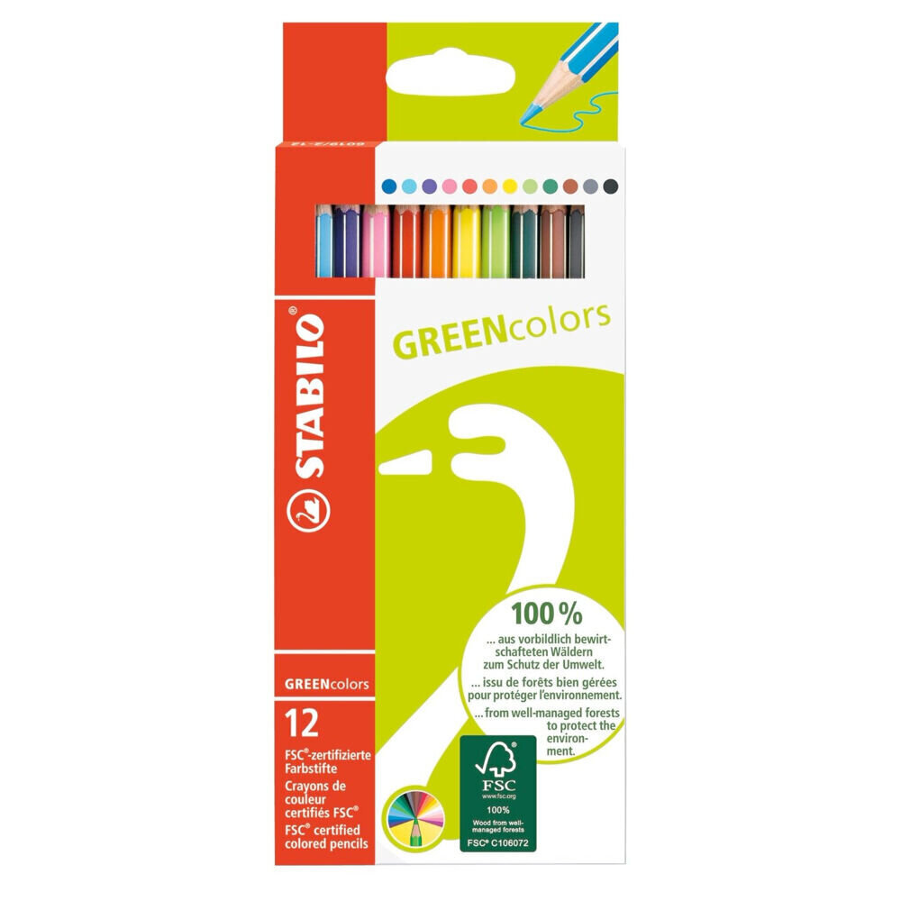 Krāsainie zīmuļi STABILO Greencolors 12 krāsu cena un informācija | Modelēšanas un zīmēšanas piederumi | 220.lv