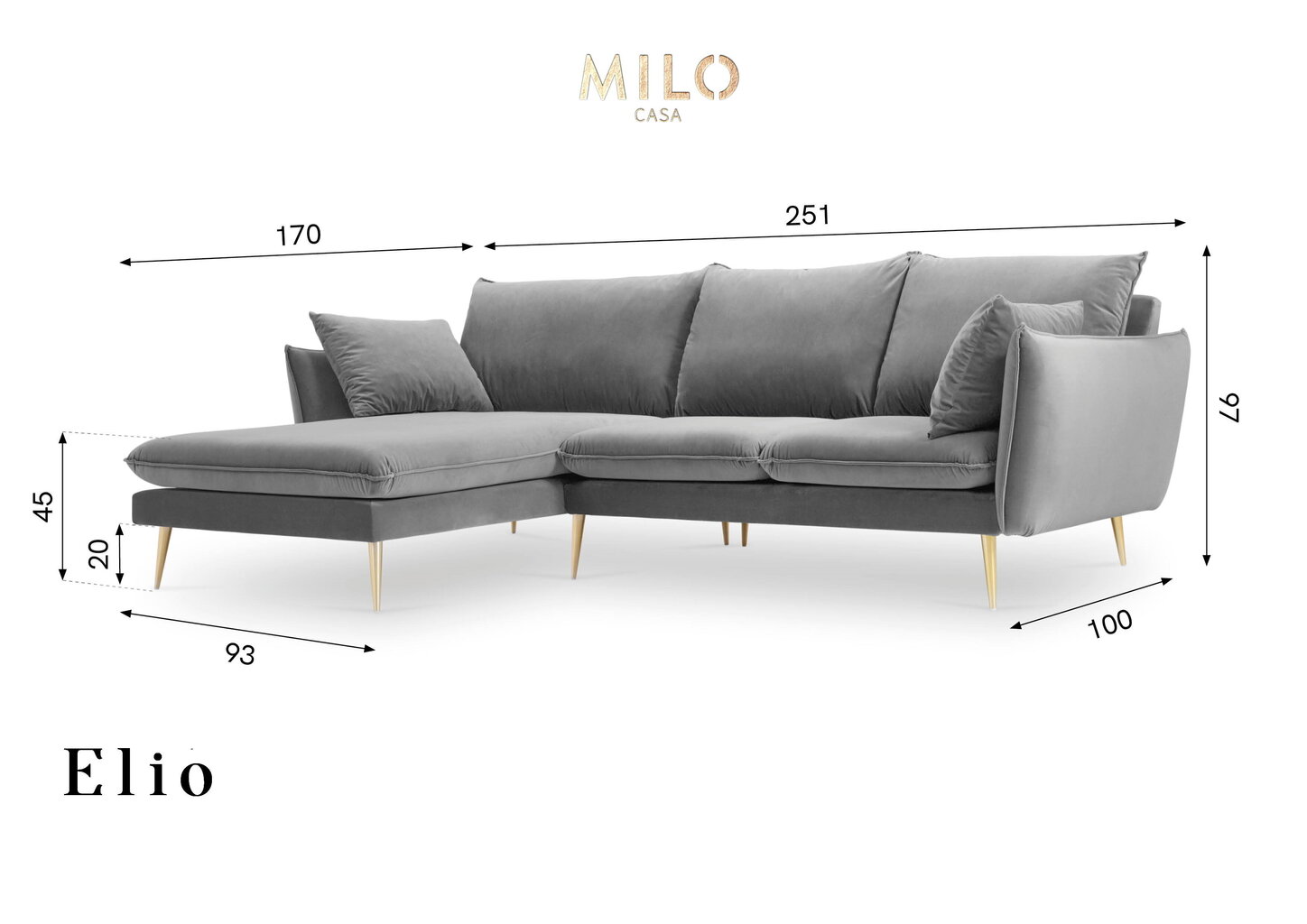 Mīkstais stūra dīvāns Milo Casa Elio, melns cena un informācija | Stūra dīvāni | 220.lv