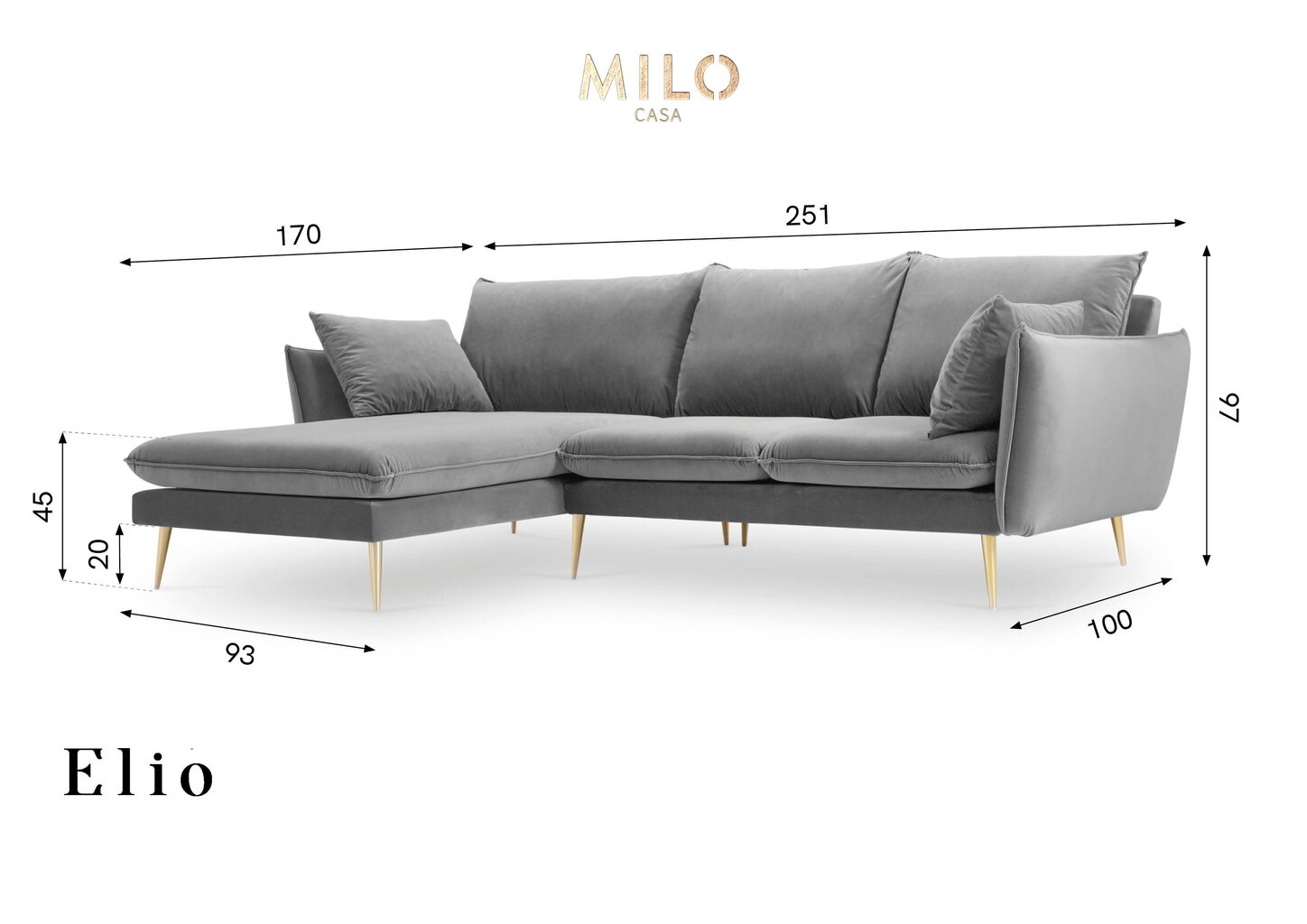 Mīksts stūra dīvāns Milo Casa Elio, gaiši pelēks cena un informācija | Stūra dīvāni | 220.lv