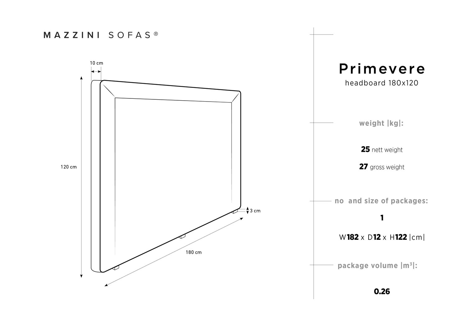 Gultas galvgalis Mazzini Sofas Primevere 180 cm, smilškrāsas cena un informācija | Gultas | 220.lv