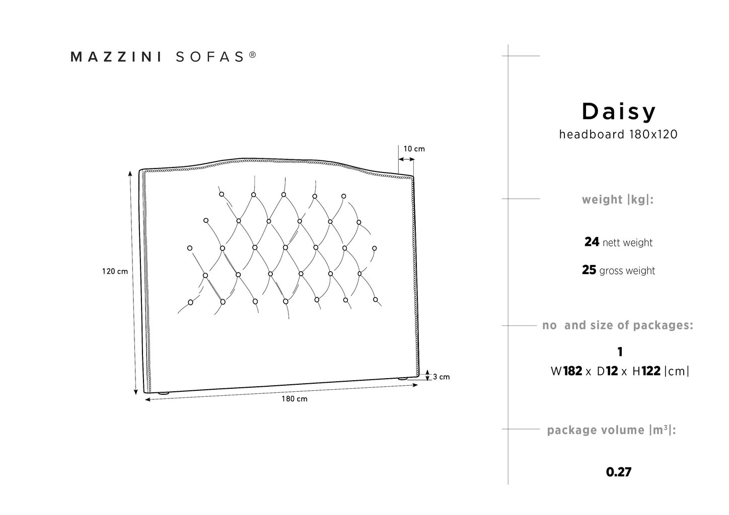 Gultas galvgalis Mazzini Sofas Daisy 180 cm, pelēks cena un informācija | Gultas | 220.lv