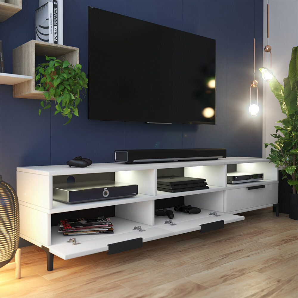 TV galdiņš Selsey Rikke ar LED apgaismojumu, balts cena un informācija | TV galdiņi | 220.lv