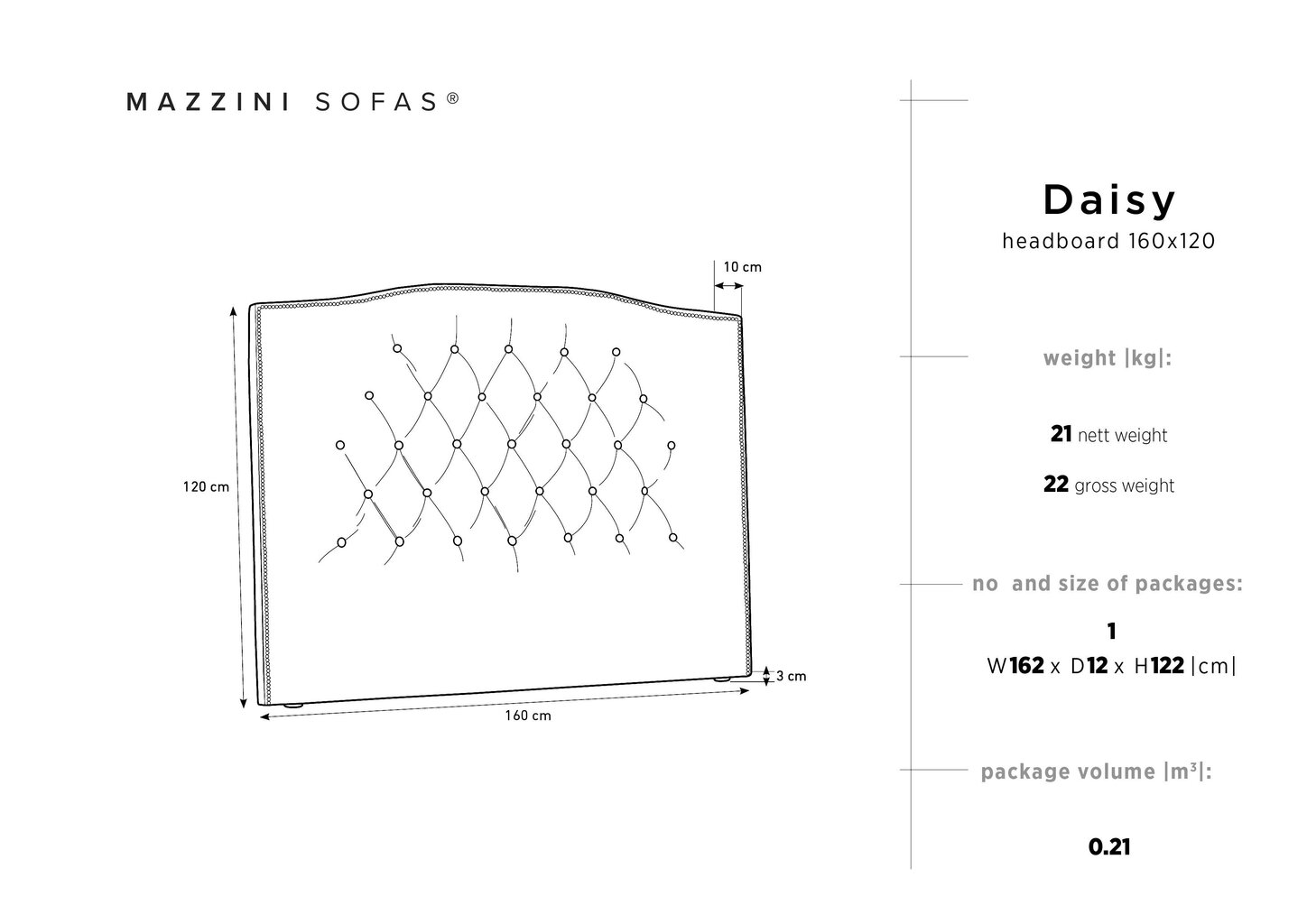 Gultas galva Mazzini Sofas Daisy 160 cm, zils cena un informācija | Gultas | 220.lv