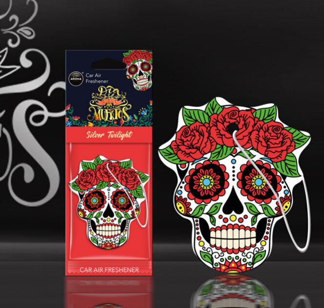 Stilīgs gaisa atsvaidzinātājs "Galvaskauss" Aroma Dia De Los Muertos Silver Tatoo cena un informācija | Auto gaisa atsvaidzinātāji | 220.lv