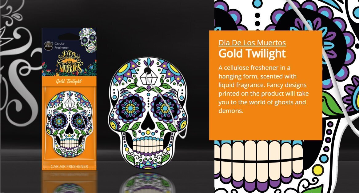 Stilīgs gaisa atsvaidzinātājs "Galvaskauss" Aroma Dia De Los Muertos Gold Twilight cena un informācija | Auto gaisa atsvaidzinātāji | 220.lv