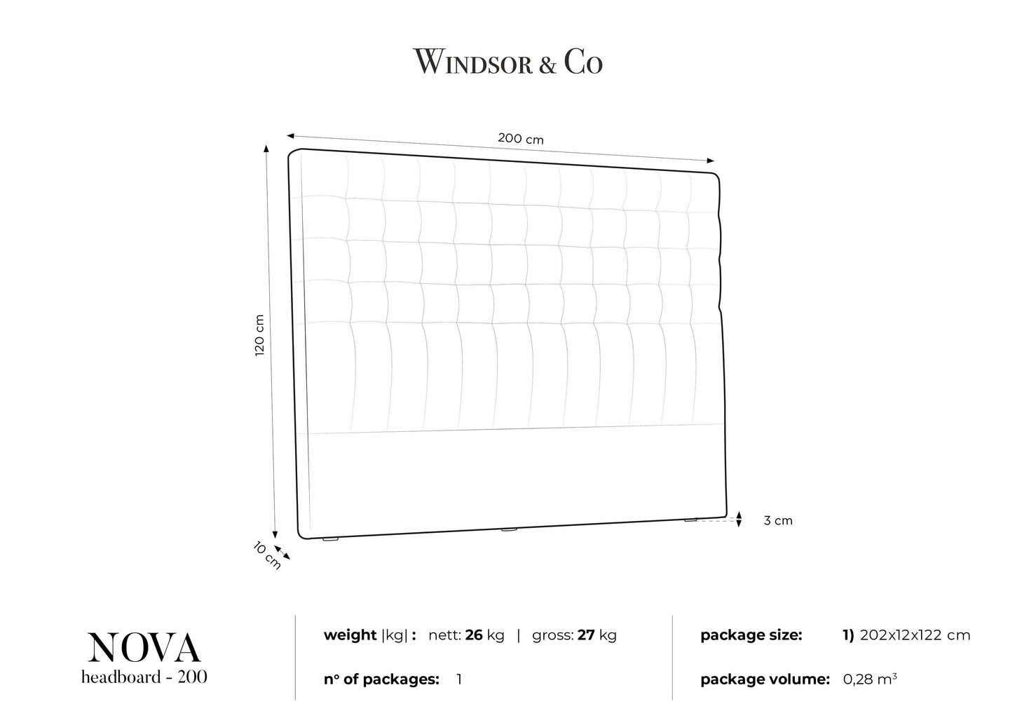 Gultas galvgalis Windsor and Co Nova 200 cm, pelēks cena un informācija | Gultas | 220.lv
