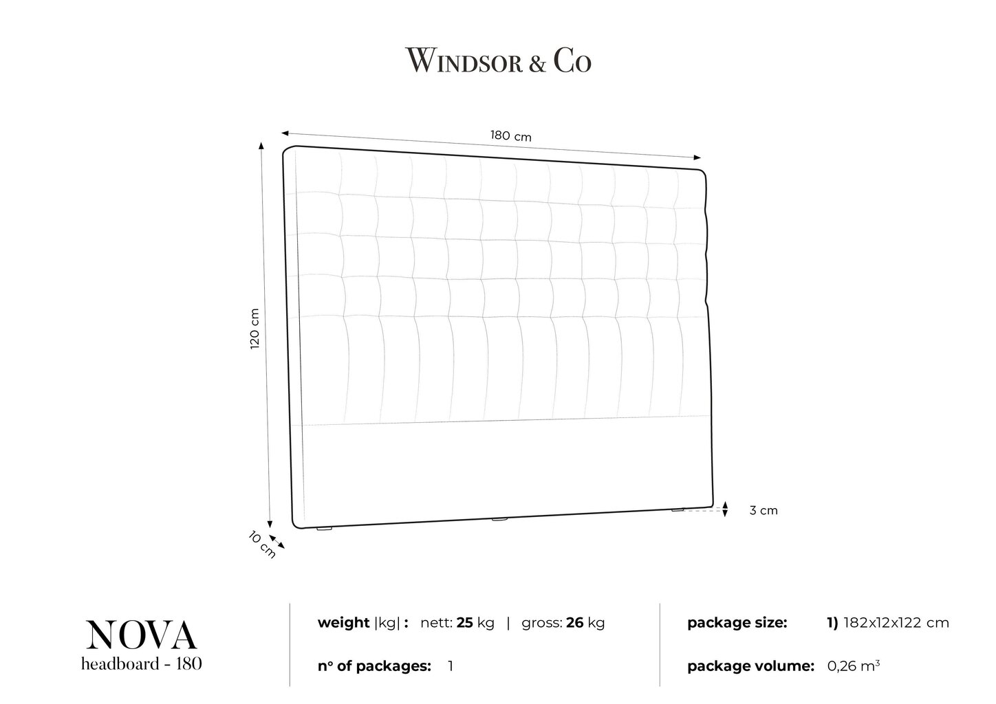 Gultas galvgalis Windsor and Co Nova 180 cm, melns cena un informācija | Gultas | 220.lv