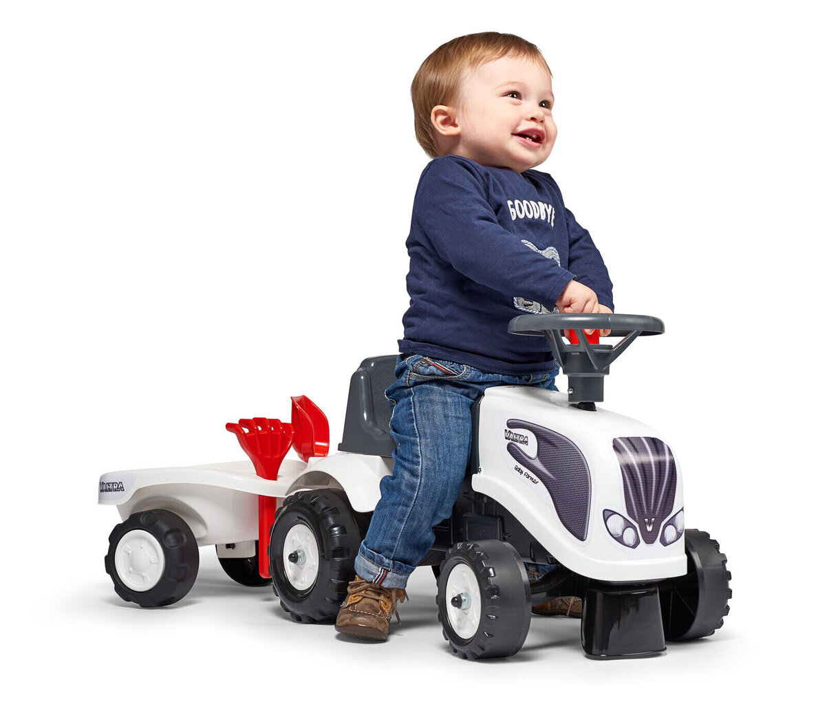 Stumjamais traktors ar ķerru un smilšu rotaļlietām Falk Baby Valtra 240C цена и информация | Rotaļlietas zīdaiņiem | 220.lv