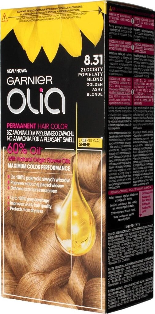 Eļļas bāzes ilgnoturīga matu krāsa bez amonjaka Garnier Olia 8.31 Golden Ashy Blond cena un informācija | Matu krāsas | 220.lv