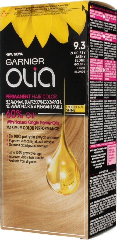 Eļļas bāzes ilgnoturīga matu krāsa bez amonjaka Garnier Olia 9.3 Golden Light Blonde cena un informācija | Matu krāsas | 220.lv