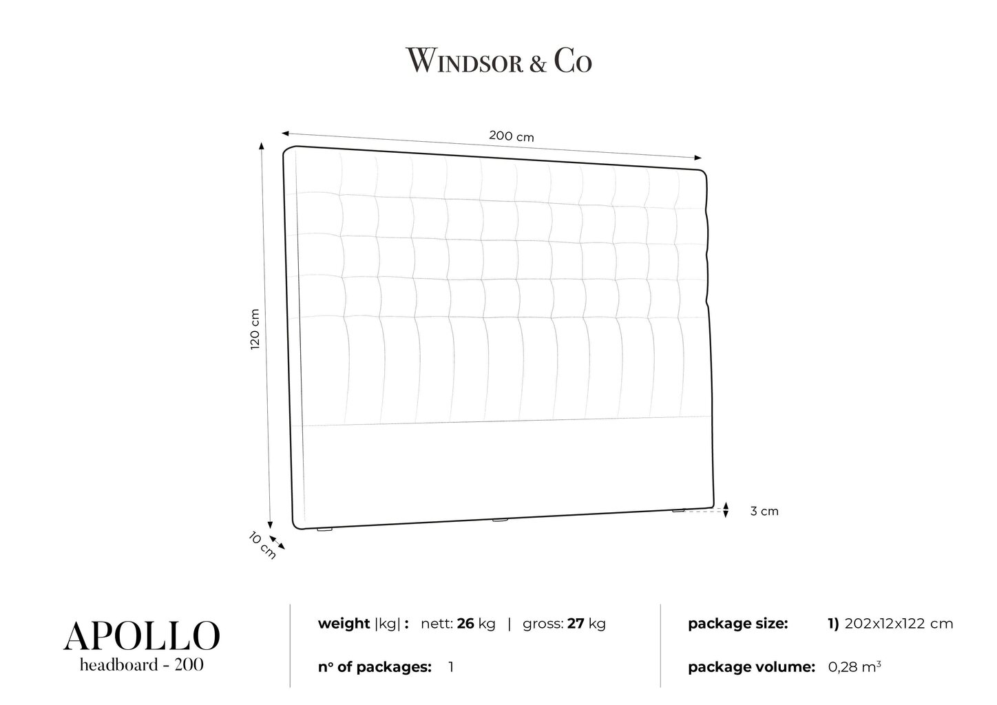 Gultas galvgalis Windsor and Co Apollo 200 cm, tumši pelēks cena un informācija | Gultas | 220.lv